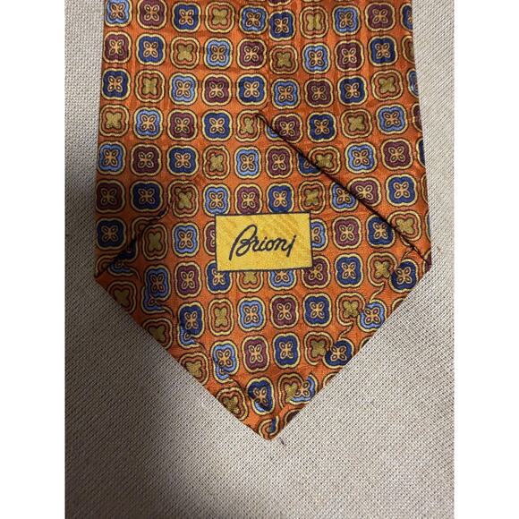 Brioni Tie Mens Orange Blue Silk Handmade in Italy Medallion Geometric Necktie - Picture 5 of 8